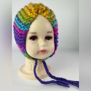 Hand Knitted Baby Infant Bonnet Hat Purple Pink Green Blue Yellow Braided Ties